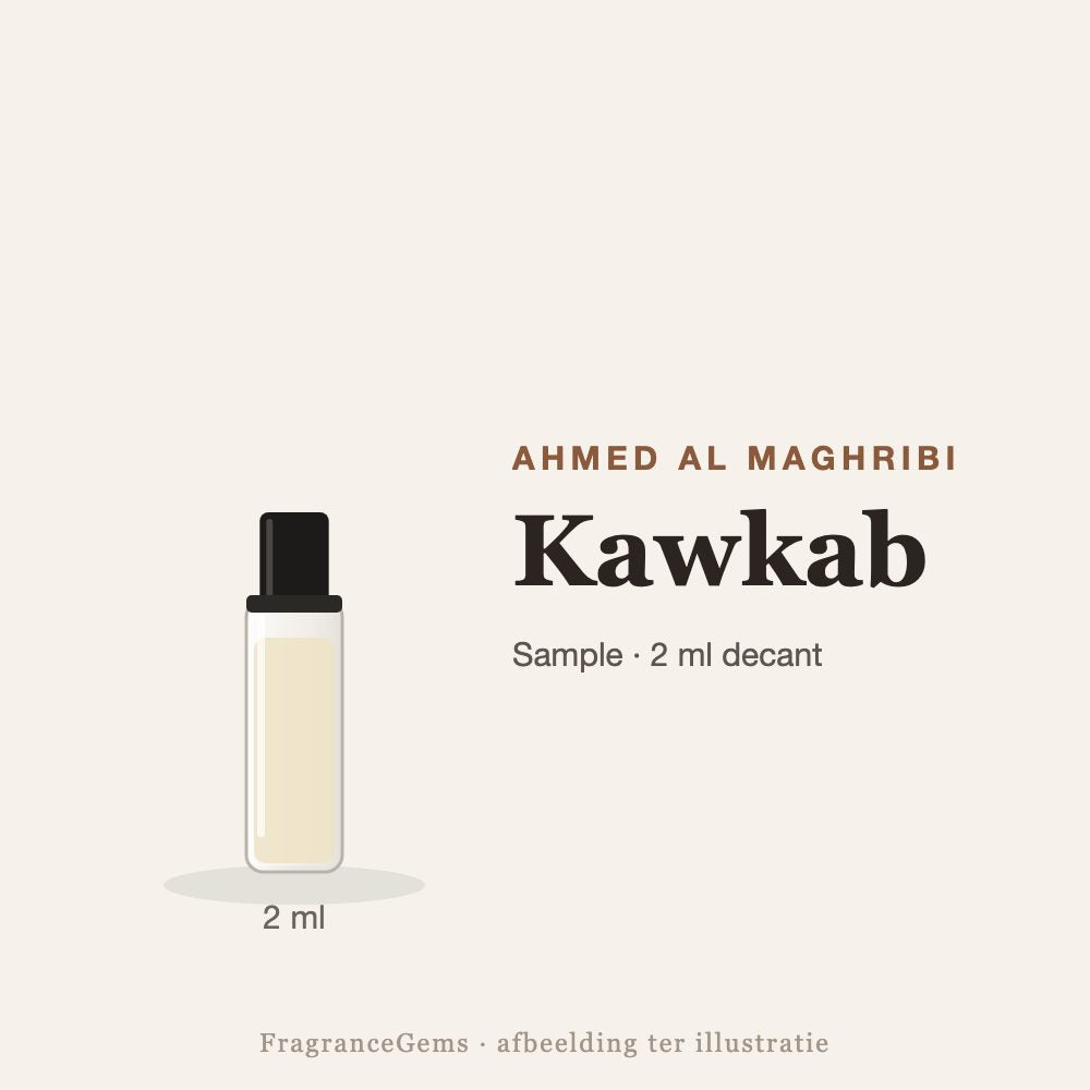 Ahmed Al Maghribi Kawkab sample – 2 ml decant in glazen sprayflesje