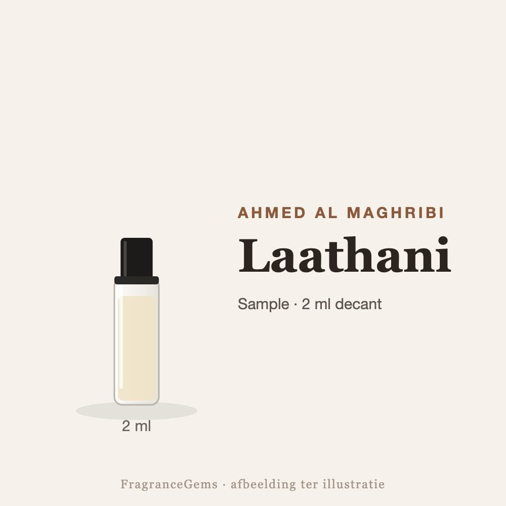 Ahmed Al Maghribi Laathani sample – 2 ml decant in glazen sprayflesje
