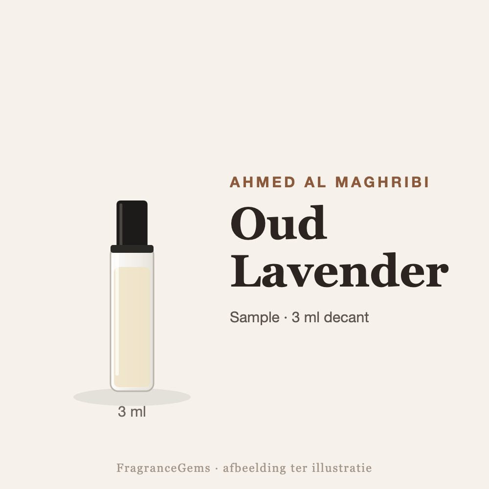 Ahmed Al Maghribi Oud Lavender sample – 3 ml decant in glazen sprayflesje