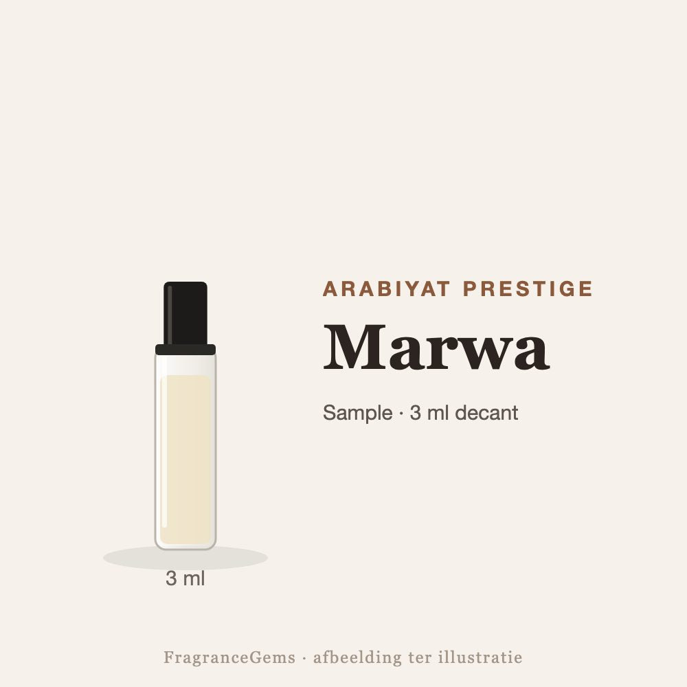 Arabiyat Prestige Marwa sample – 3 ml decant in glazen sprayflesje