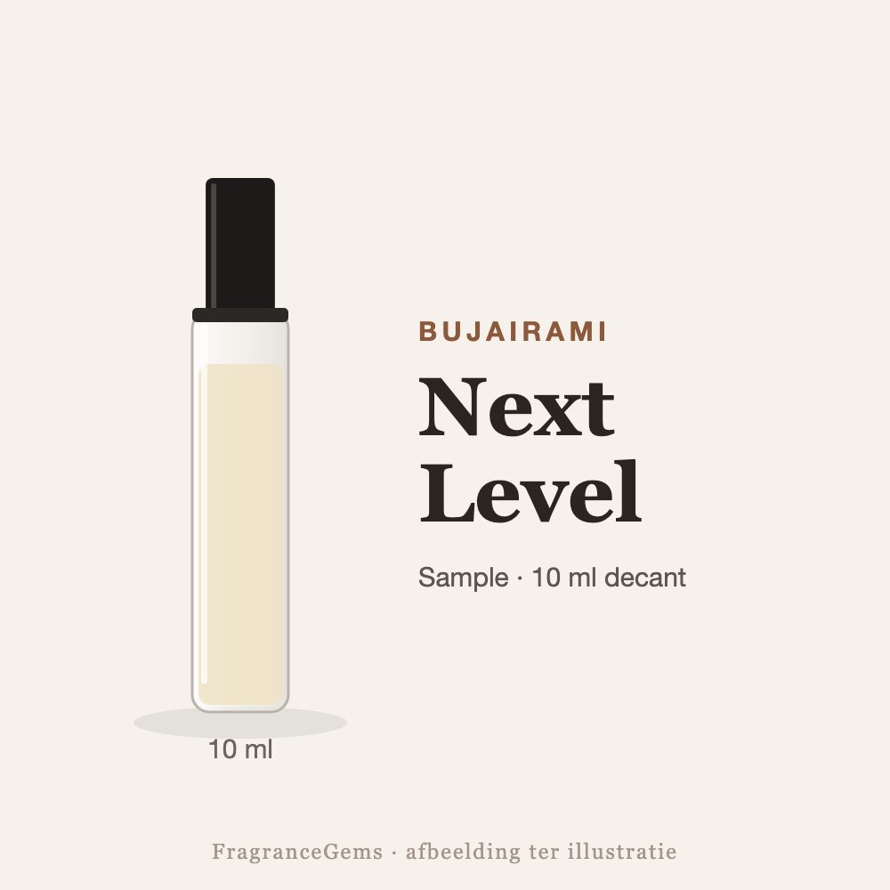 Bujairami Next Level sample – 10 ml decant in glazen sprayflesje