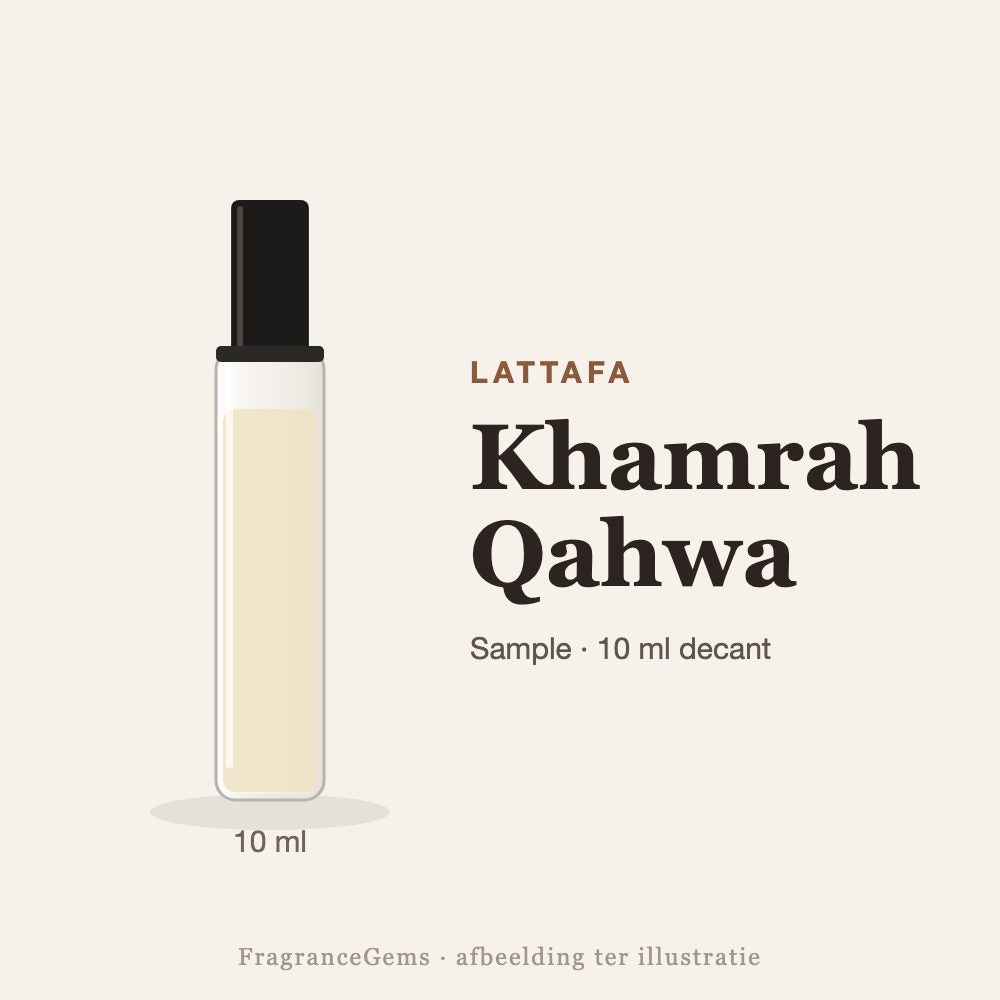 Lattafa Khamrah Qahwa sample – 10 ml decant in glazen sprayflesje