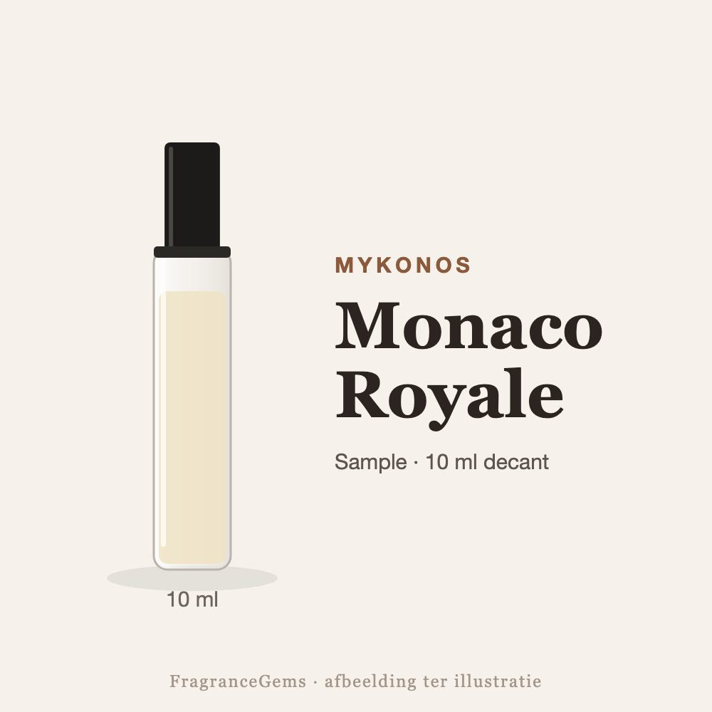 Mykonos Monaco Royale sample – 10 ml decant in glazen sprayflesje