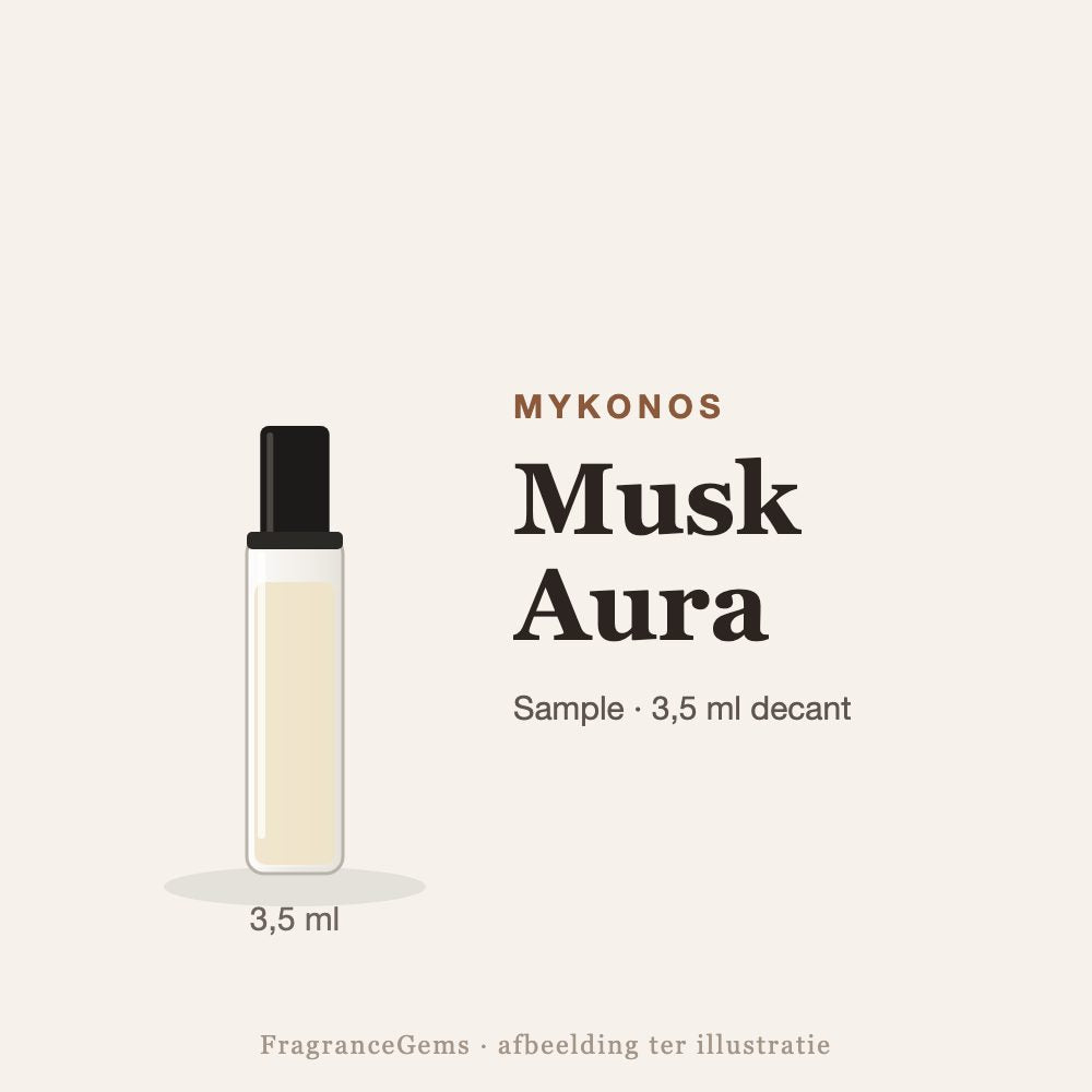 Mykonos Musk Aura sample – 3,5 ml decant in glazen sprayflesje