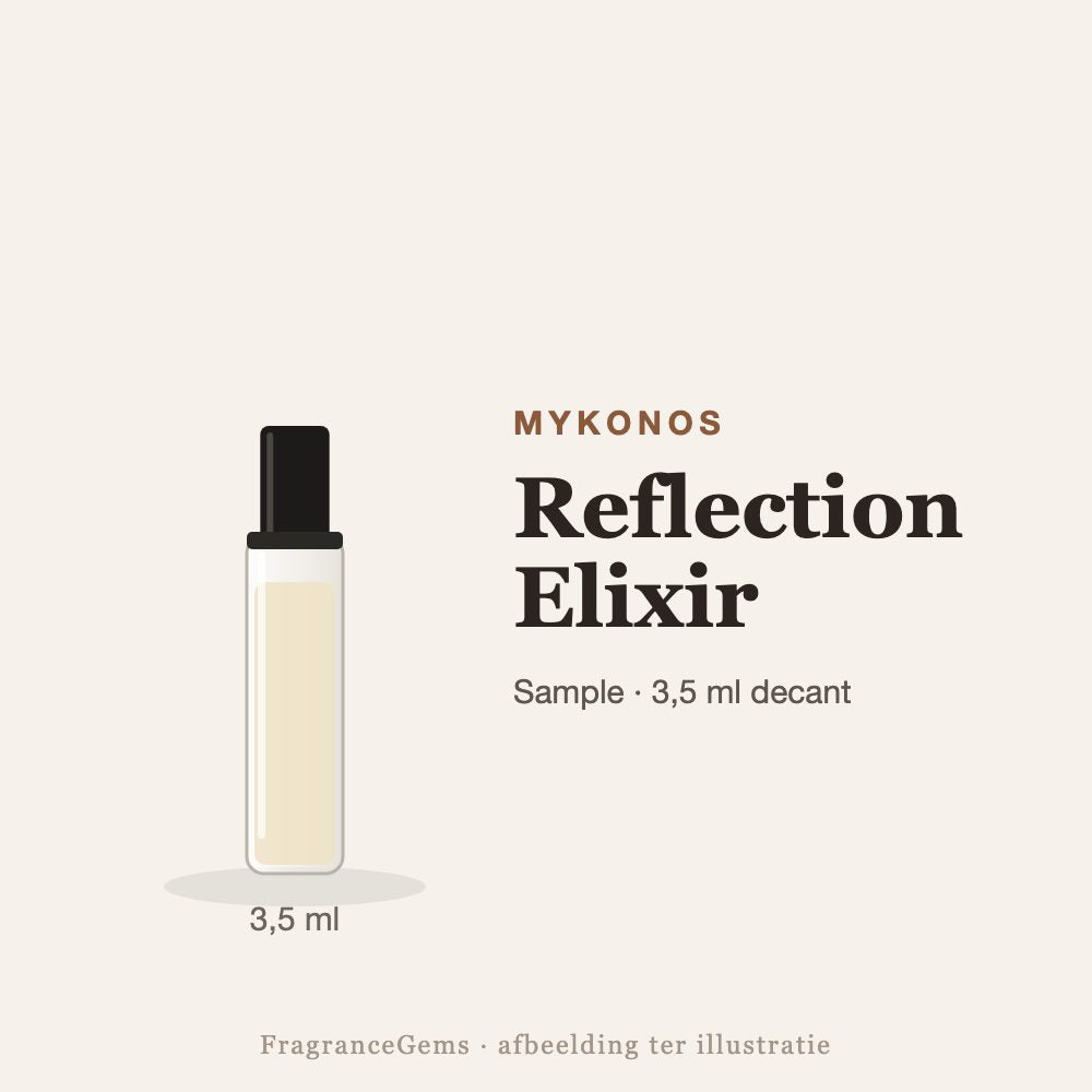 Mykonos Reflection Elixir sample – 3,5 ml decant in glazen sprayflesje