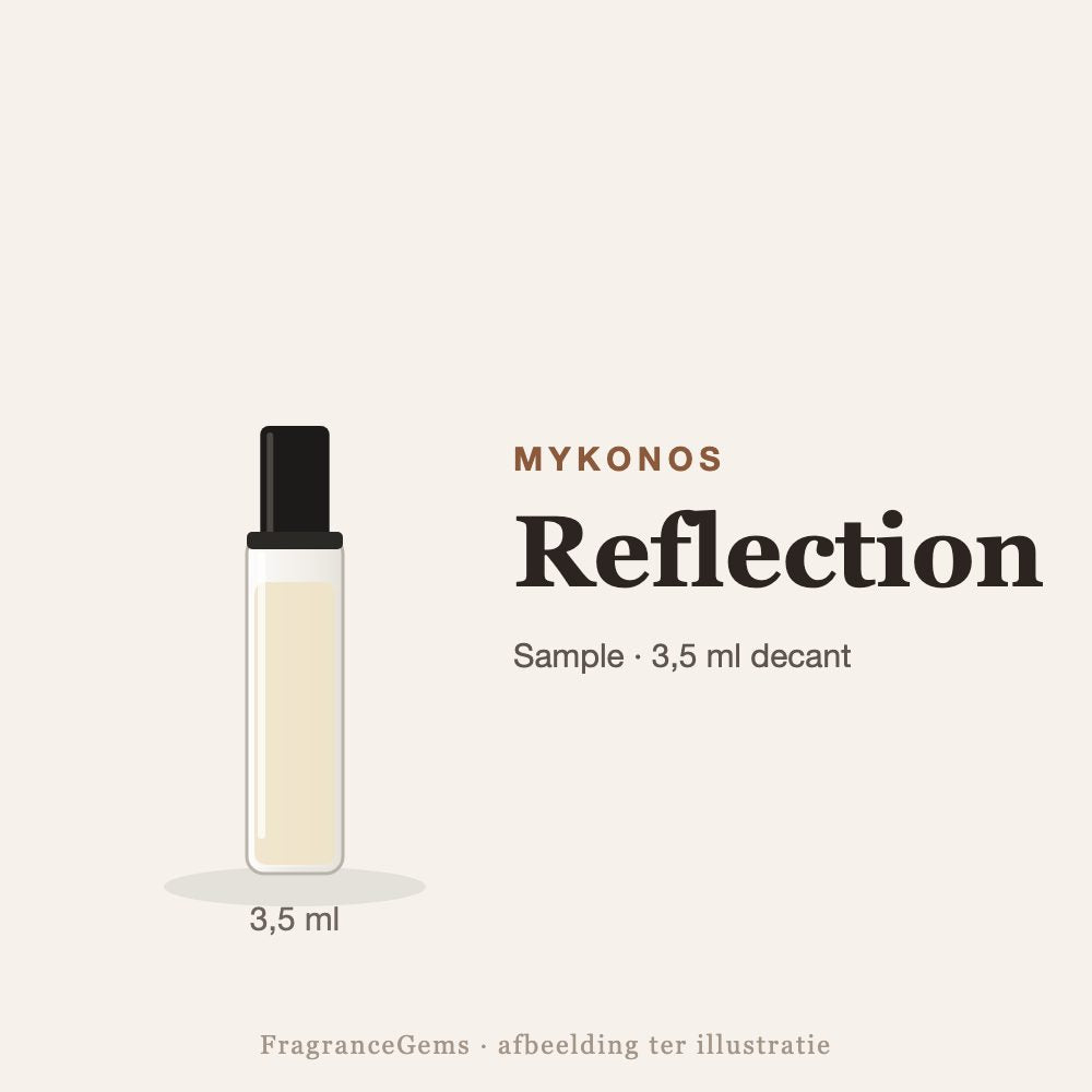Mykonos Reflection sample – 3,5 ml decant in glazen sprayflesje