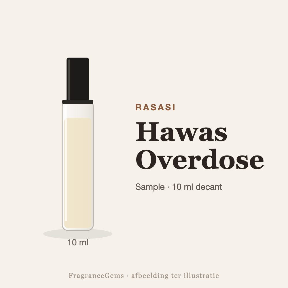 Rasasi Hawas Overdose sample – 10 ml decant in glazen sprayflesje