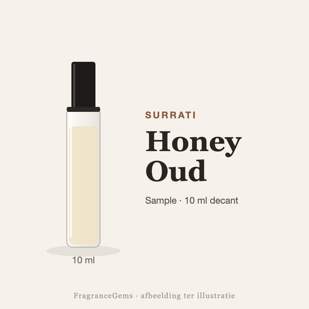 Surrati Honey Oud sample – 10 ml decant in glazen sprayflesje