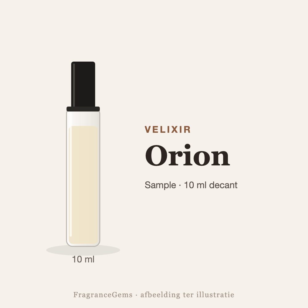 Velixir Orion sample – 10 ml decant in glazen sprayflesje