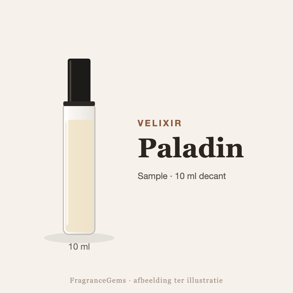Velixir Paladin sample – 10 ml decant in glazen sprayflesje